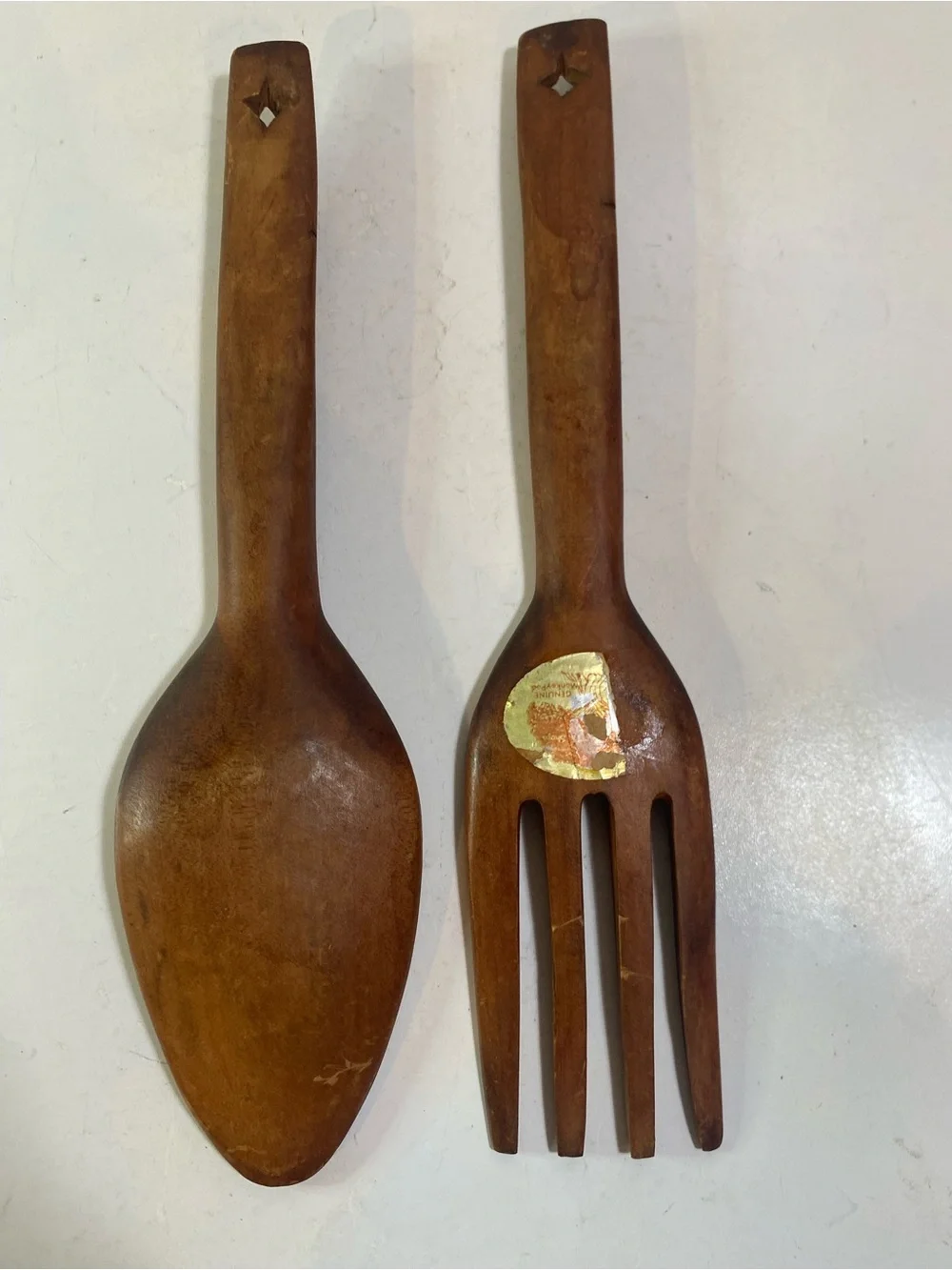 Vintage Carved Totem Monkey Pod Wooden Fork & Spoon 13” Length Partial Sticker
